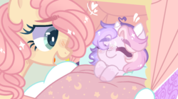 Size: 1280x718 | Tagged: safe, artist:moon-rose-rosie, artist:peppermintfox, fluttershy, oc, oc:celestial moon, alicorn, pegasus, pony, g4, alicorn oc, alternate design, baby, baby carriage, baby pony, base used, duo, female, foal, hair over one eye, horn, magical lesbian spawn, mare, offspring, parent:rainbow dash, parent:twilight sparkle, parents:twidash