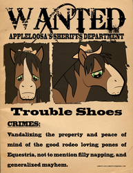 Size: 1275x1650 | Tagged: safe, artist:samoht-lion, trouble shoes, earth pony, pony, appleoosa's most wanted, g4, bust, frown, hat, male, quote, sad, stallion, text, wanted poster