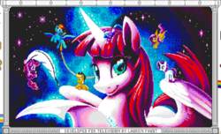 Size: 1215x738 | Tagged: safe, artist:tsitra360, edit, applejack, fluttershy, pinkie pie, rainbow dash, rarity, twilight sparkle, oc, oc:fausticorn, alicorn, earth pony, pegasus, pony, unicorn, g4, developed for television by lauren faust, feather, mane six, paper, pixel art, pixelcanvas, quill, space, stars