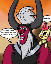 Size: 2400x3000 | Tagged: safe, artist:saburodaimando, apple bloom, lord tirek, centaur, earth pony, pony, g4, apprentice, daimando is going to hell, female, filly, foal, high res, pure unfiltered evil