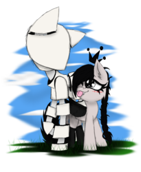 Size: 900x1100 | Tagged: safe, artist:didun850, oc, oc only, oc:den (silent hill), oc:midnight shade, bat pony, pony, bat pony oc, blushing, braid, crown, duo, jewelry, mannequin, regalia, simple background, tongue out, transparent background