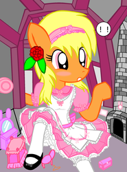 Size: 1448x1952 | Tagged: safe, artist:avchonline, oc, oc only, oc:sean, pegasus, semi-anthro, alice in wonderland, arm hooves, bloomers, blushing, chimney, clothes, colt, crossdressing, crossover, dress, exclamation point, femboy, flower, flower in hair, male, puffy sleeves, shoes, sissy, solo
