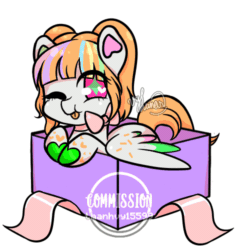 Size: 500x500 | Tagged: safe, artist:helithusvy, oc, oc only, pegasus, pony, animated, box, commission, commission open, female, gif, gift art, neck bow, one eye closed, pegasus oc, solo, wings, wink, ych result