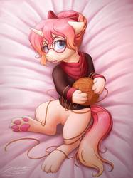 Size: 774x1033 | Tagged: safe, artist:novaintellus, oc, oc only, oc:fumiko, cat, cat pony, monster pony, original species, pony, unicorn, behaving like a cat, bow, clothes, female, glasses, hair bow, paw pads, paws, underpaw, yarn, yarn ball