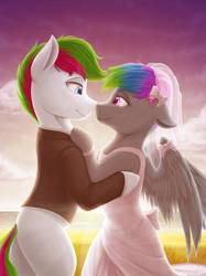 Size: 774x1033 | Tagged: safe, artist:novaintellus, oc, oc:fox glove, oc:neon streak, earth pony, pegasus, pony, bedroom eyes, couple, cute, duo, looking at each other, marriage, neove, wedding