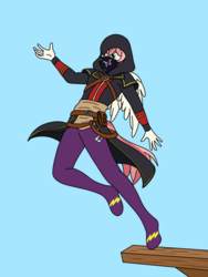 Size: 900x1200 | Tagged: safe, alternate version, artist:linedraweer, oc, oc only, anthro, anthro oc, assassin's creed, cloak, clothes, commission, hood, jumping, jumpsuit, male, mask, shadowbolts, solo, watch dogs, wings