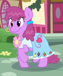 Size: 532x636 | Tagged: safe, artist:pippy, berry punch, berryshine, earth pony, pony, pinkiepieskitchen, g4, clothes, cute, dress, female, gala dress, raised hoof, smiling, solo