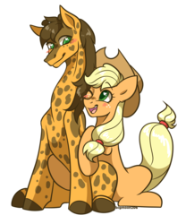 Size: 1000x1200 | Tagged: safe, artist:bigmoon206, applejack, oc, oc:hotstreak, earth pony, giraffe, pony, g4, applejack's hat, blushing, canon x oc, cowboy hat, female, freckles, hat, heart eyes, hug, looking at each other, mare, one eye closed, open mouth, shipping, simple background, smiling, stetson, transparent background, wingding eyes
