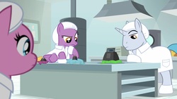 Size: 1920x1080 | Tagged: safe, screencap, lavender flask, platinum cure, raspberry cotton, pony, g4, the last laugh, clothes, factory, gag factory, lab coat, male, stallion, weight, whoopee cushion
