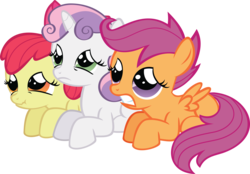 Size: 6592x4597 | Tagged: safe, artist:wissle, apple bloom, scootaloo, sweetie belle, earth pony, pegasus, pony, unicorn, friendship is magic, g4, absurd resolution, cowering, cutie mark crusaders, female, filly, lying, lying down, mare, nose wrinkle, scared, simple background, transparent background, vector