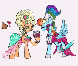 Size: 1280x1093 | Tagged: safe, artist:laya-21, applejack, rainbow dash, trenderhoof, zephyr breeze, earth pony, pegasus, pony, g4, alternate hairstyle, applejack also dresses in style, applejewel, duo focus, eyes closed, female, floating heart, glass, grin, heart, lesbian, male, megaradash, nervous, nervous smile, offscreen character, open mouth, ship:appledash, shipping, smiling, stallion, sweat, trembling