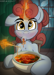 Size: 1444x2000 | Tagged: safe, artist:korafuro, oc, oc only, oc:kiara herbst, pony, unicorn, chopsticks, colored, comfort eating, curls, cute, digital art, eating, female, food, heart eyes, holding, looking at you, magic, noodles, offscreen character, pov, ramen, redhead, solo, soup, wingding eyes