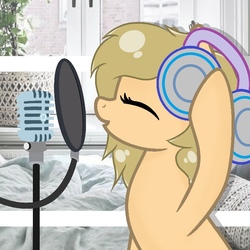 Size: 768x768 | Tagged: safe, artist:grithcourage, oc, oc only, oc:grith courage, earth pony, pony, adorable face, cute, eyes closed, female, headphones, mare, microphone, singing, solo