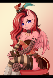 Size: 2814x4150 | Tagged: safe, artist:yutakira92, oc, oc only, pegasus, anthro, anthro oc, beauty mark, borderlands, breasts, cleavage, clothes, cosplay, costume, female, hat, looking at you, mad moxxi, sitting, solo, stockings, thigh highs, wings