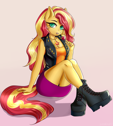 Size: 3276x3672 | Tagged: safe, artist:yutakira92, sunset shimmer, unicorn, anthro, g4, boots, candy, clothes, cute, cutie mark accessory, ear fluff, equestria girls outfit, female, food, high res, jewelry, legs, missing horn, necklace, panties, shimmerbetes, shoes, sitting, skirt, solo, underwear, upskirt