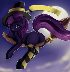 Size: 3300x3414 | Tagged: safe, artist:yutakira92, oc, oc only, pony, unicorn, broom, butt, clothes, featureless crotch, flying, flying broomstick, high res, moon, night, plot, sky, socks, solo, stockings, striped socks, thigh highs, witch, ych result