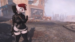 Size: 1360x768 | Tagged: safe, artist:defector, oc, oc only, oc:roses band-aid, unicorn, anthro, 3d, anthro oc, clothes, fallout, fallout 4, female, game screencap, milf, pipboy, skintight clothes, socks, solo, thick, thigh highs, video game, weapon, wide hips