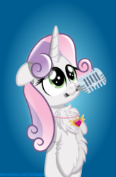 Size: 3000x4562 | Tagged: safe, artist:crystalmagic6, sweetie belle, pony, unicorn, g4, blue background, chest fluff, cute, equestrian pink heart of courage, female, fluffy, green eyes, inkscape, microphone, mouth hold, older, older sweetie belle, puppy dog eyes, simple background, solo, vector