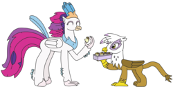 Size: 3264x1681 | Tagged: safe, artist:supahdonarudo, gilda, queen novo, classical hippogriff, griffon, hippogriff, series:novoember, g4, my little pony: the movie, crumbs, eating, griffon scone, holding, simple background, transparent background, tray