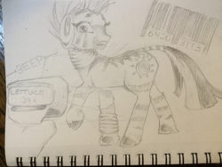 Size: 666x500 | Tagged: source needed, safe, anonymous artist, zecora, pony, zebra, g4, barcode, female, mare, monochrome, raised hoof, solo, traditional art