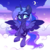 Size: 2200x2200 | Tagged: safe, artist:_spacemonkeyz_, princess luna, alicorn, pony, g4, blushing, cheek fluff, chibi, cloud, colored hooves, crescent moon, cute, female, flying, high res, leg fluff, lunabetes, mare, moon, night, simple background, sky, solo, stars, transparent background, two toned wings, wings