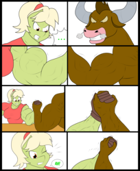 Size: 3160x3872 | Tagged: safe, artist:matchstickman, granny smith, oc, unnamed oc, earth pony, minotaur, anthro, comic:free cider, g4, ..., arm wrestling, biceps, breasts, busty granny smith, clothes, comic, deltoids, dialogue, duo, female, flexing, gloves, granny smash, gritted teeth, high res, male, mare, muscles, one eye closed, shirt, simple background, snorting, table, white background, young granny smith, younger