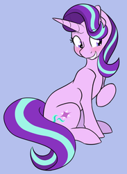 Size: 822x1122 | Tagged: safe, artist:whatsapokemon, starlight glimmer, pony, unicorn, g4, blushing, female, grin, mare, simple background, sitting, smiling, solo