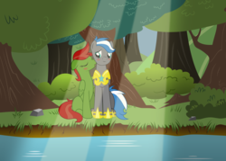 Size: 7000x5000 | Tagged: safe, artist:northernthestar, oc, oc only, oc:cloud zapper, pegasus, pony, absurd resolution, armor, crepuscular rays, female, forest, kissing, male, mare, royal guard armor, stallion, tree, water