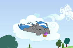 Size: 7500x5000 | Tagged: safe, artist:northernthestar, oc, oc only, oc:cloud zapper, pegasus, pony, absurd resolution, cloud, colt, food, male, muffin, solo, younger