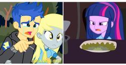 Size: 1600x832 | Tagged: safe, artist:jucamovi1992, derpy hooves, flash sentry, twilight sparkle, equestria girls, g4, meme, woman yelling at a cat