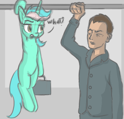 Size: 860x826 | Tagged: dead source, safe, artist:kozachokzrotom, lyra heartstrings, human, pony, unicorn, g4, context is for the weak, female, hanging, lyra doing lyra things, mare, public transportation, sketch, suitcase