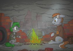 Size: 4961x3508 | Tagged: safe, artist:kozachokzrotom, oc, oc only, oc:radan, oc:twisted gears, earth pony, pony, fallout equestria, campfire, clothes, commission, complex background, disgusted, duo, eyepatch, female, filly, grin, jacket, male, ruins, scenery, sitting, smiling, stallion