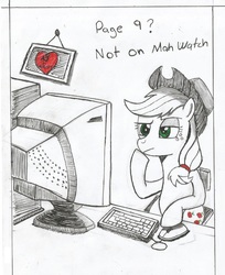 Size: 1163x1423 | Tagged: safe, anonymous artist, applejack, earth pony, pony, g4, /mlp/, 4chan, applejack's hat, computer, cowboy hat, dialogue, female, freckles, hat, keyboard, mare, monochrome, simple background, sitting, solo, traditional art, white background