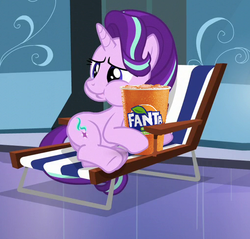 Size: 508x485 | Tagged: safe, edit, edited screencap, screencap, starlight glimmer, pony, unicorn, g4, the crystalling, beach chair, chair, cropped, fanta, female, mare, product placement, solo