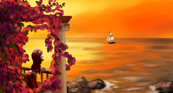 Size: 4950x2650 | Tagged: safe, artist:kelkessel, oc, oc only, earth pony, pony, boat, clothes, dress, evening, female, flower, mare, ocean, solo, sunset