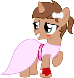 Size: 2253x2371 | Tagged: safe, artist:peternators, oc, oc only, oc:heroic armour, pony, alternate hairstyle, blushing, clothes, colt, crossdressing, dress, fake eyelashes, high res, male, prom dress, ribbon, simple background, smiling, solo, transparent background, trap