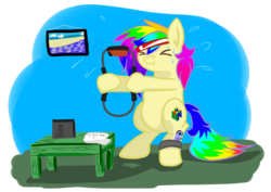 Size: 4093x2894 | Tagged: safe, artist:khaki-cap, oc, oc:rainbow tashie, pony, bipedal, chubby, nintendo 64, nintendo derpy, nintendo switch, ring fit adventure, sports