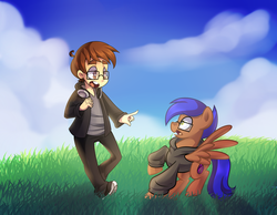 Size: 2700x2100 | Tagged: safe, artist:drawntildawn, oc, oc only, oc:odyssey flash, human, pegasus, clothes, glasses, high res, hoodie, male, stallion