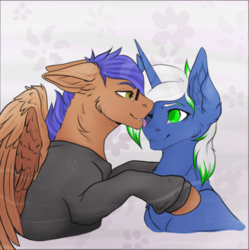 Size: 672x676 | Tagged: artist needed, source needed, safe, oc, oc:mimic, oc:odyssey flash, pegasus, pony, unicorn, clothes, cute, hoodie, licking, male, tongue out