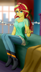 Size: 2160x3840 | Tagged: safe, artist:cluvry, sunset shimmer, human, equestria girls, g4, bed, bedroom, clothes, come here, female, gesture, high res, looking at you, pants, sitting, smiling, solo