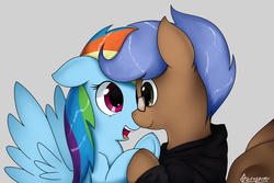 Size: 5000x3340 | Tagged: safe, artist:tetrapony, rainbow dash, oc, oc:odyssey flash, pegasus, pony, g4, canon x oc, clothes, female, glasses, hoodie, hoof hold, looking into each others eyes, male