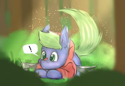Size: 1145x790 | Tagged: safe, artist:suchalmy, oc, oc only, oc:fruit cup, bat, bat pony, fruit bat, insect, ladybug, pony, bush, curious, exclamation point, forest, inquisitive, solo, sunlight, surprised