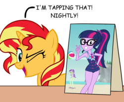 Size: 1100x900 | Tagged: safe, artist:mkogwheel edits, artist:nano23823, edit, screencap, sci-twi, starlight, sunset shimmer, twilight sparkle, pony, unicorn, equestria girls, equestria girls series, forgotten friendship, g4, applejack's sign, caption, clothes, female, geode of telekinesis, image macro, implied sex, lesbian, magical geodes, mare, one eye closed, ship:sci-twishimmer, ship:sunsetsparkle, shipping, sign, simple background, striped swimsuit, swimsuit, text, transparent background, vector, wink