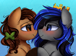 Size: 2379x1783 | Tagged: safe, artist:pridark, oc, oc only, pony, blushing, bust, commission, crown, cute, looking at each other, portrait, regalia, smiling