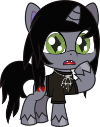 Size: 527x673 | Tagged: safe, artist:lightningbolt, derpibooru exclusive, pony, unicorn, g4.5, my little pony: pony life, .svg available, clothes, colored pupils, disguise, disguised siren, fangs, horn, jewelry, kellin quinn, looking at you, male, necklace, ponified, raised hoof, shirt, show accurate, simple background, sleeping with sirens, slit pupils, smiling, solo, stallion, svg, t-shirt, transparent background, unshorn fetlocks, vacant expression, vector