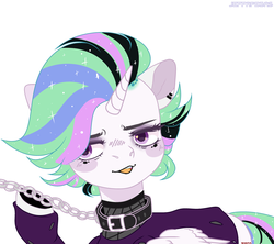 Size: 3510x3119 | Tagged: safe, artist:_vodka, princess celestia, alicorn, pony, g4, alternate hairstyle, black lipstick, blush sticker, blushing, chains, clothes, collar, eyeshadow, female, fishnet stockings, high res, jacket, leash, lidded eyes, lipstick, makeup, mare, open mouth, punklestia, simple background, smiling, solo, white background, ych result