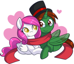 Size: 1795x1552 | Tagged: safe, artist:xwhitedreamsx, oc, oc only, oc:storm cloud, oc:valtiel, pony, clothes, female, hat, male, mare, prone, scarf, shared clothing, shared scarf, simple background, stallion, top hat, transparent background