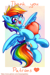 Size: 1000x1480 | Tagged: safe, artist:chaosangeldesu, rainbow dash, pegasus, pony, g4, blushing, cute, dashabetes, eyebrows, eyebrows visible through hair, female, flying, heart, looking at you, open mouth, open smile, patreon, smiling, smiling at you, spread wings, text, wings