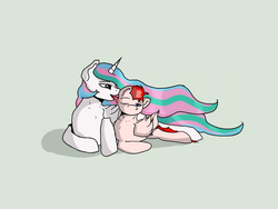 Size: 900x675 | Tagged: safe, artist:stripesgullet, princess celestia, oc, pegasus, pony, comic:the students rest, g4, duo, female, licking, male, missing accessory, tongue out