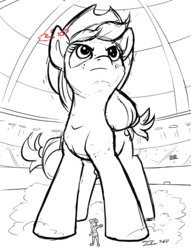 Size: 2000x2611 | Tagged: safe, artist:tsitra360, apple bloom, applejack, earth pony, human, pony, g4, black and white, clothes, cowboy hat, crossover, dynamax, female, giant pony, giantess, grayscale, hat, high res, humanized, lineart, macro, monochrome, nintendo, pokemon sword and shield, pokémon, stadium, stetson, trainer, video game crossover